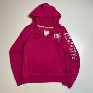 Vintage Y2K Embroidered Aeropostale Pink V-neck Cotton Hoodie L Baby Doll